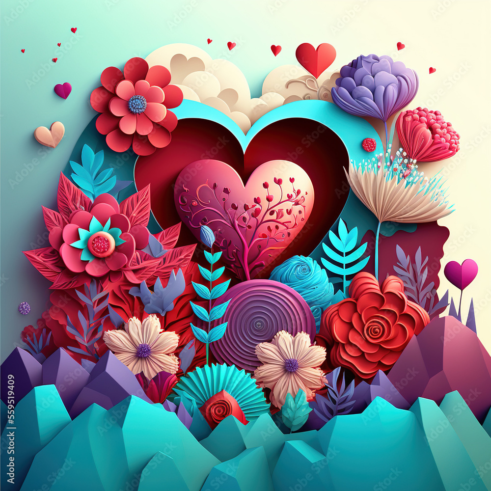 Paper style hearth.  polygonal paper heart for Valentine's day or any other Love invitation cards. Generative AI - obrazy, fototapety, plakaty 