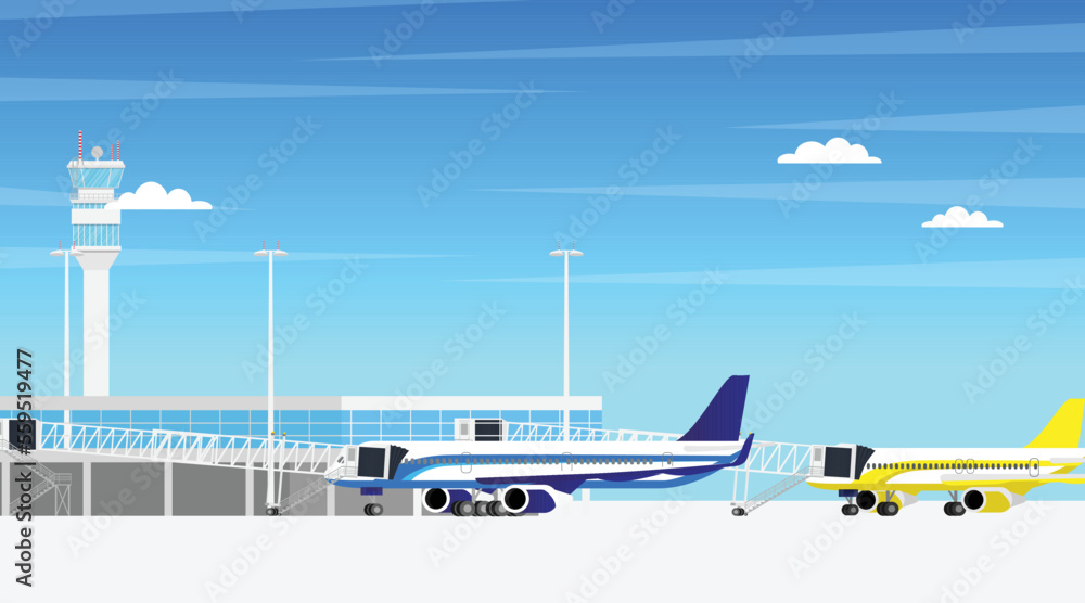 airport airfield terminal building with airplane aircraft parking at departure gate and aero path way bridge connected to airport terminal hall in minimal design