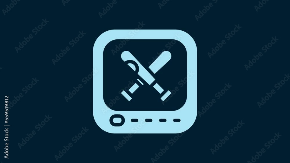 White Monitor with baseball ball and bat on the screen icon isolated on blue background. Online baseball game. 4K Video motion graphic animation