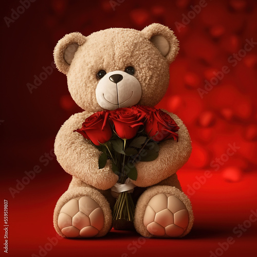 valentine's day teddy bear with roses. Generative AI