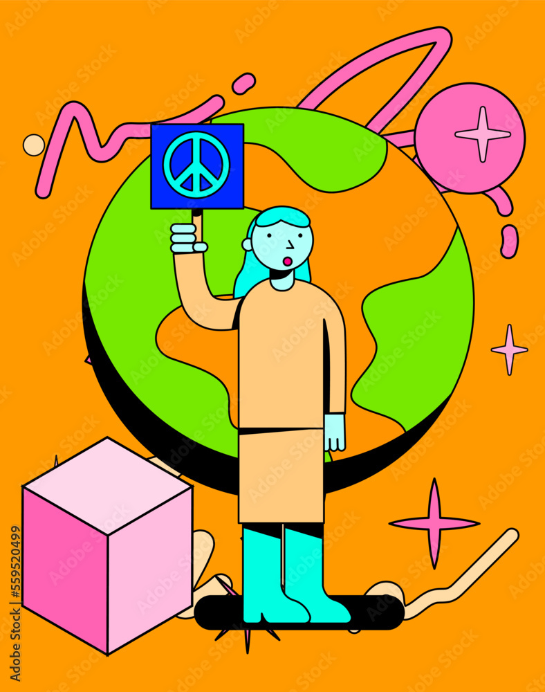 Conceptual vector illustration of a female pro-peace supporter in a simple flat style and neon color palette. Conceptual vector illustration of a female pro-peace supporter in a simple flat style and neon color palette.