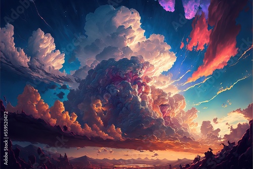 Beautiful and Inspiring Landscape, with Giant and Glorious Sky, with full colors, impressive clouds, and electromagnetic phenomena, It also can be seen trees, puddles, mountains, and nature