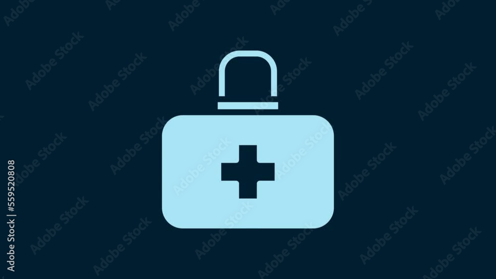 White First aid kit icon isolated on blue background. Medical box with cross. Medical equipment for emergency. Healthcare concept. 4K Video motion graphic animation White First aid kit icon isolated on blue background. Medical box with cross. Medical equipment for emergency. Healthcare concept. 4K Video motion graphic animation