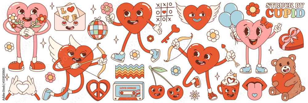 Fototapeta premium Groovy hippie love sticker set. Retro happy Valentines day. Comic happy heart character in trendy retro 60s 70s cartoon style. Retro characters and elements. 