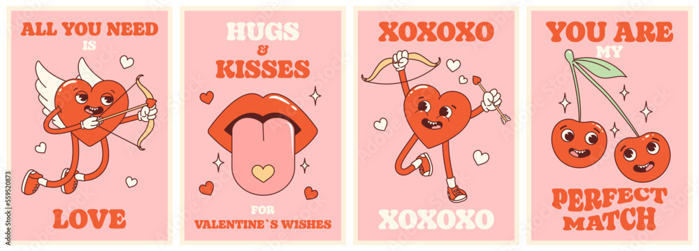 Groovy lovely hearts retro posters set. Love concept. Happy Valentines Day.  Trendy retro 60s 70s cartoon style. Card, postcard, print. - obrazy, fototapety, plakaty 