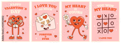Groovy lovely hearts retro posters set. Love concept. Happy Valentines Day.  Trendy retro 60s 70s cartoon style. Card, postcard, print.
