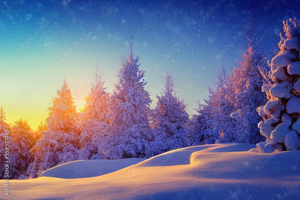 Winter landscape with Christmas trees in the snow, Generative AI Winter landscape with Christmas trees in the snow, Generative AI