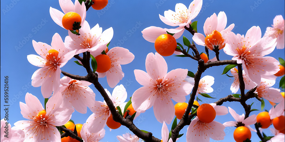 Happy Chinese New Year flat lay photo. Two mandarins and cherry blossom branch on a red background Generative AI