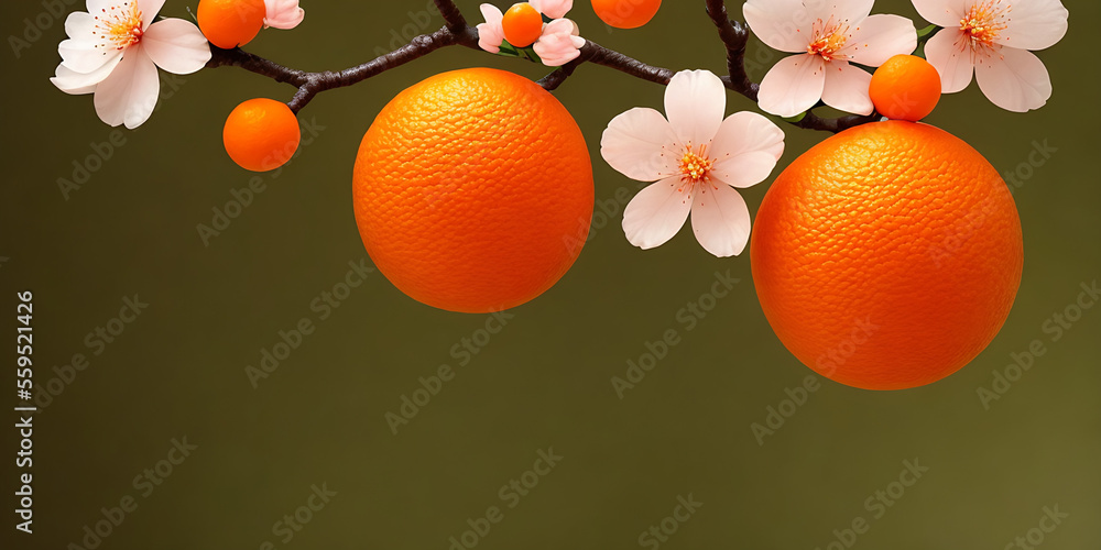Pink cherry blossom, mandarins on a red background. Happy Chinese New Year Generative AI