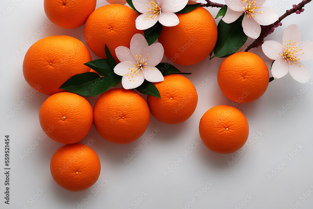 Happy Chinese New Year flat lay photo. Two mandarins and cherry blossom branch on a red background Generative AI