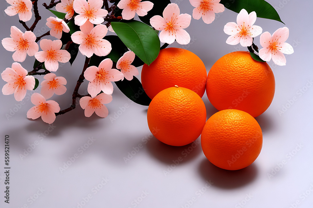 Pink cherry blossom, mandarins on a red background. Happy Chinese New Year Generative AI