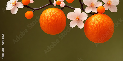  Pink cherry blossom, mandarins on a red background. Happy Chinese New Year Generative AI