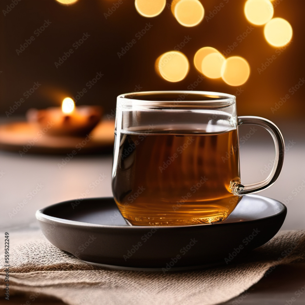 glass cup of tea in a winter cozy setting glass cup of tea in a winter cozy setting