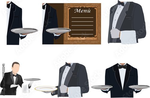 waiters in uniform with tray and plates for service-