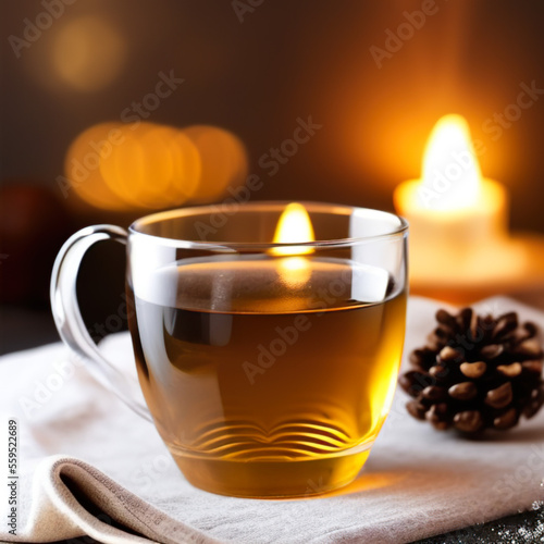 glass cup of tea in a winter cozy setting