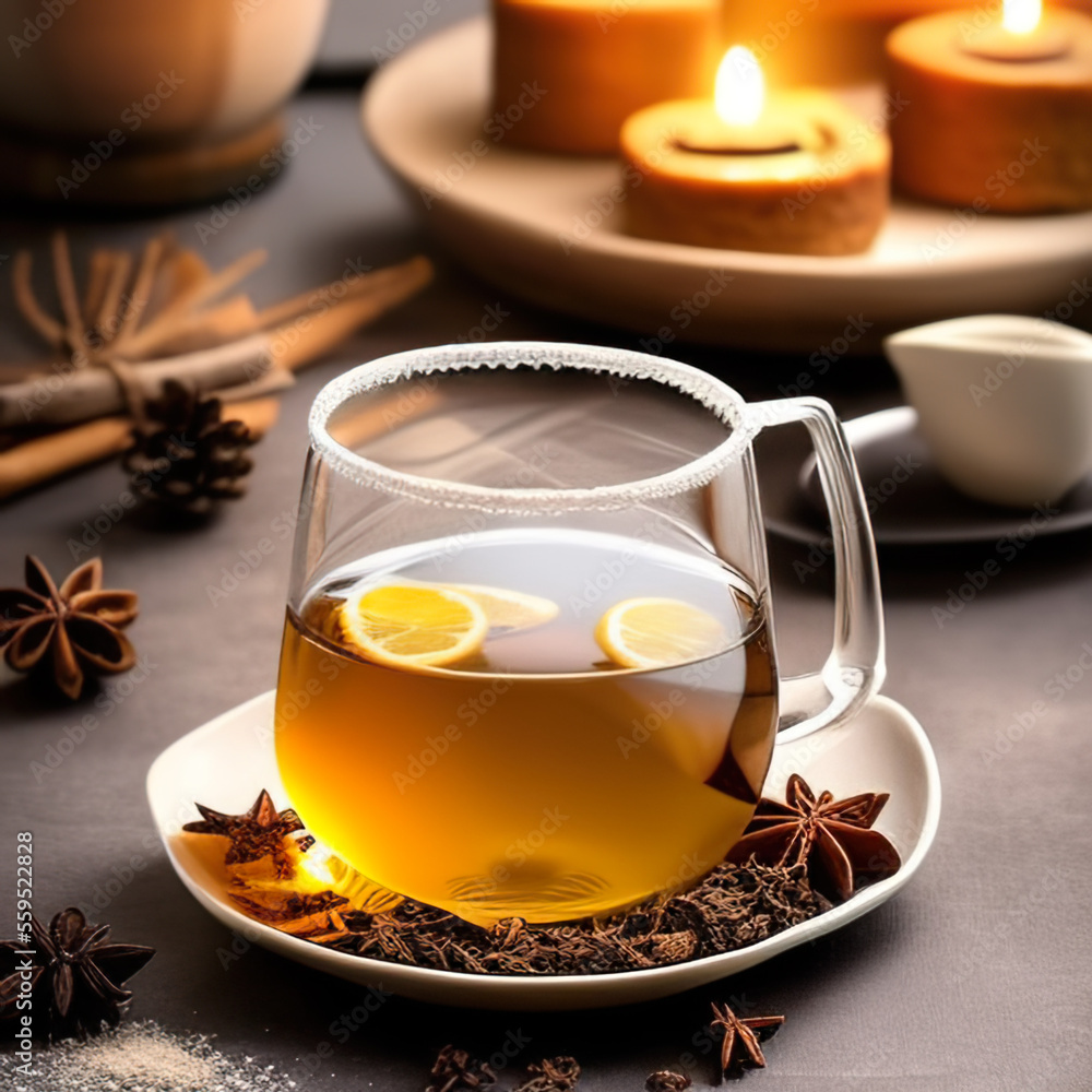 glass cup of tea in a winter cozy setting glass cup of tea in a winter cozy setting