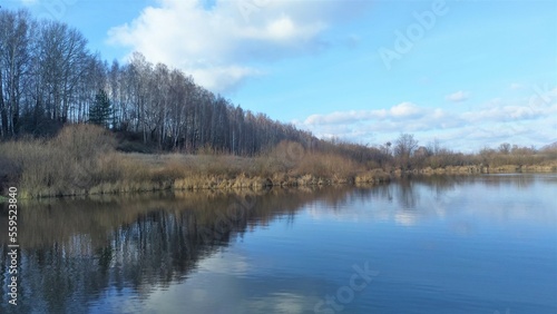 The sky over the lake in November is blue with feathery clouds. Dry grass stands on the shore, bushes and trees grow. The wind has created some ripples on the water. The weather is sunny and cold