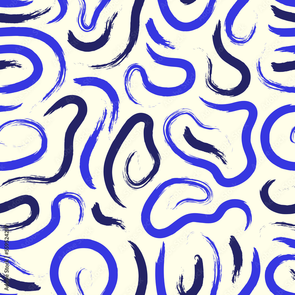 vector blue rough ethnic multi spiral brush stroke lines seamless pattern on white
