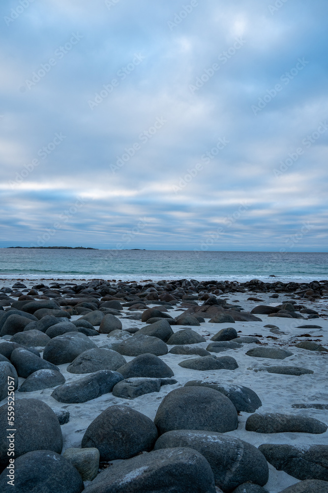 The sea and the rock in Uttakleiv strand, beach in Lofoten, Norway