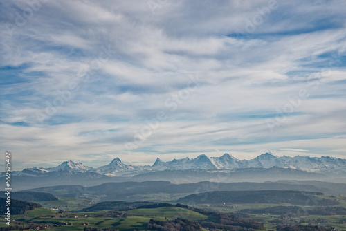 view of the bernese alps in Switzerland during a hazy day, copy space © brunok1