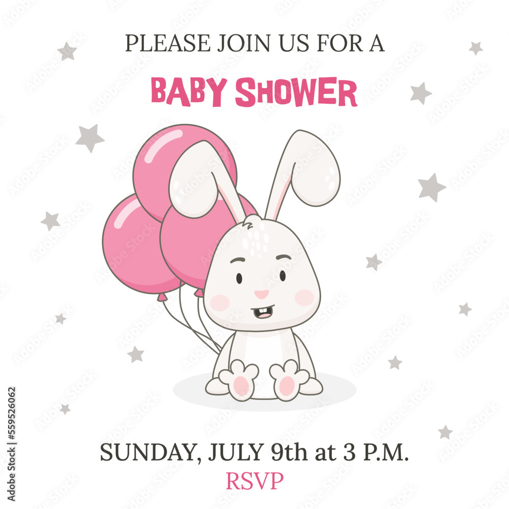 Baby shower party invitation template. Cute rabbit character with pink balloons isolated on white background. Bunny vector illustration. Baby shower party invitation template. Cute rabbit character with pink balloons isolated on white background. Bunny vector illustration.