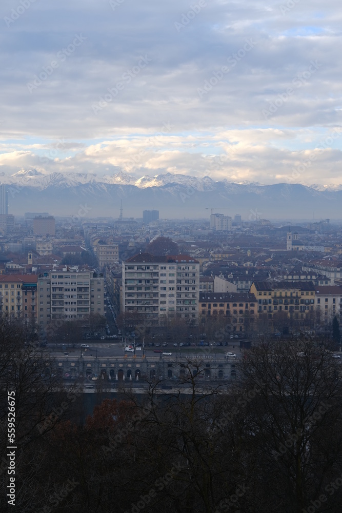 Turin, Italy - December 21st, 2022: An aerial view of the city of Turin from the mount of the Celestines .