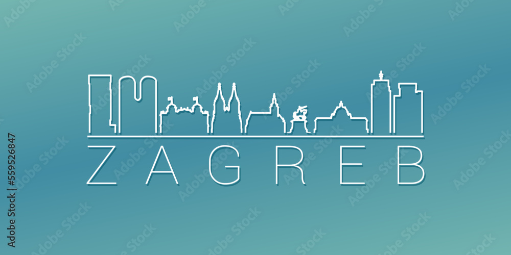 Naklejka premium Zagreb, Croatia Skyline Linear Design. Flat City Illustration Minimal Clip Art. Background Gradient Travel Vector Icon.