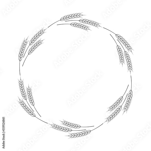 A round frame of spikelets of wheat, oats, rye, or barley. Grain plant border, agricultural frame with black and white spikelets. Banner for beer, bread, flour packaging design