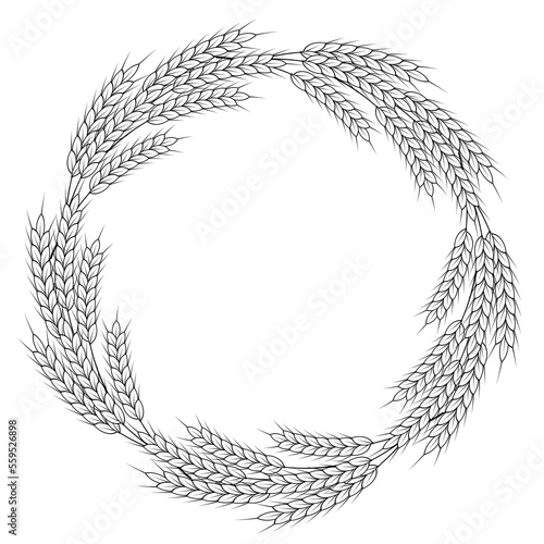 A round frame of spikelets of wheat, oats, rye, or barley. Grain plant border, agricultural frame with black and white spikelets. Banner for beer, bread, flour packaging design