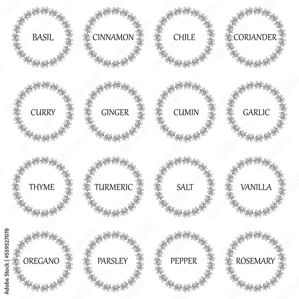 Black and white vector food labels or stickers. Can be used to label food jars, spice containers. Round botanical frame for each sticker Black and white vector food labels or stickers. Can be used to label food jars, spice containers. Round botanical frame for each sticker