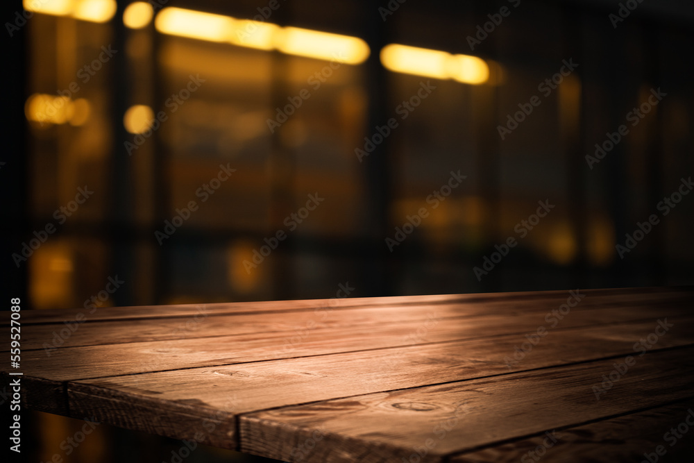 dark blurred background with empty table top, cafe restaurant windows. background for your product