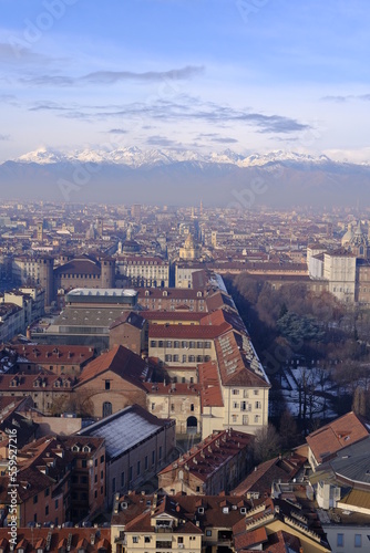 Turin, Italy - December 23rd 2022: An aerial view of Turin from the "Mole Antonelliana", the biggest tower of the city.