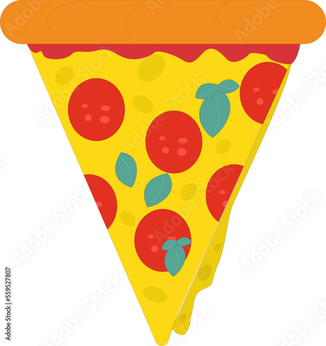 Slice of pepperoni pizza with basil, cheese and tomato sauce vector