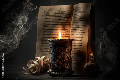 grimoire ancien avec une bougie et de la fumée, ambiance occulte de sorcellerie et magie noire photo