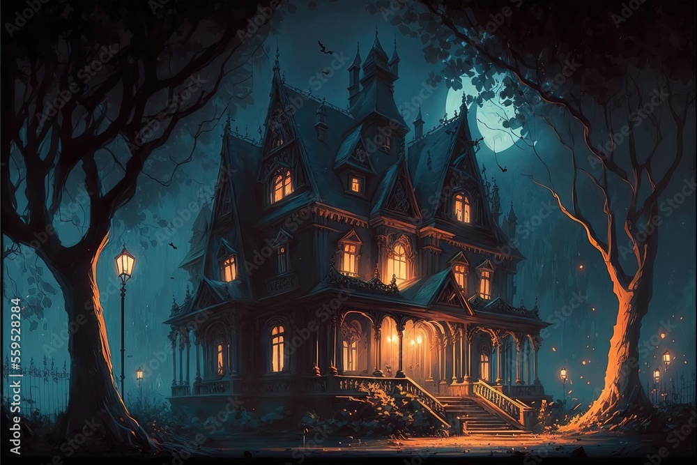 Obraz premium manoir ou maison hantée une nuit de pleine lune, illustration numérique