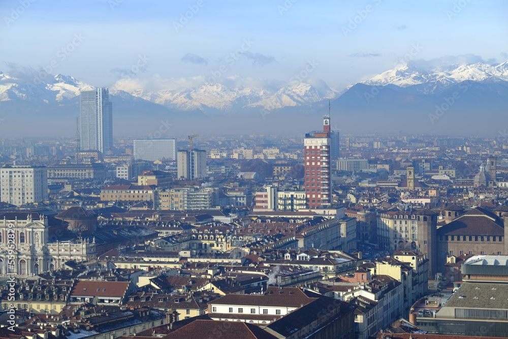 Turin, Italy - December 23rd 2022: An aerial view of the city of Turin from the tower  