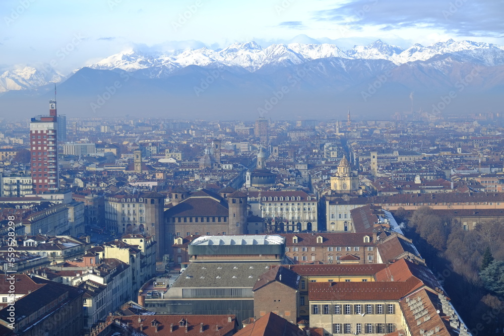 Turin, Italy - December 23rd 2022: An aerial view of the city of Turin from the tower  