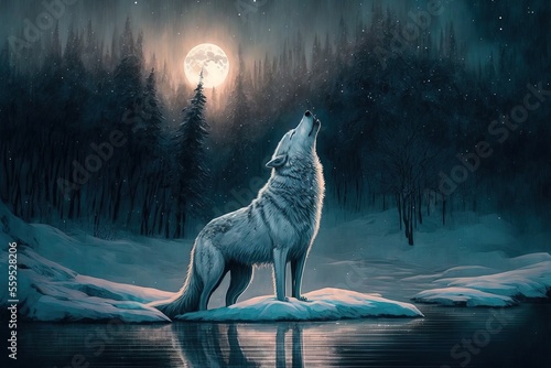 Fotomurale illustration de loup blanc qui hurle à la pleine lune dans une forêt enneigée
