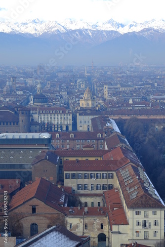 Turin, Italy - December 23rd 2022: An aerial view of the city of Turin from the tower "Mole Antonelliana".