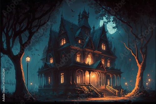 manoir ou maison hantée une nuit de pleine lune, illustration numérique