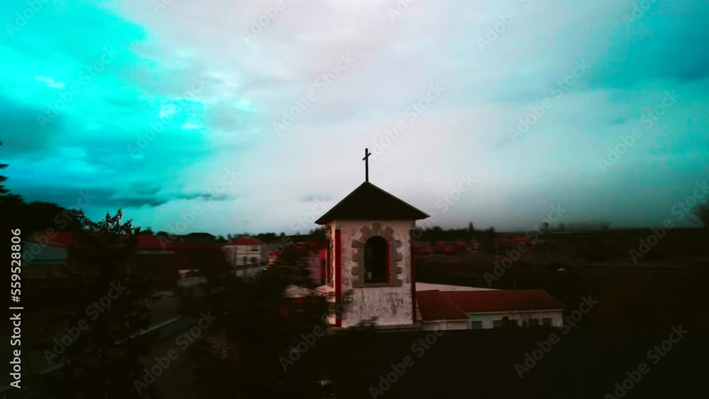 aerial video of church bell tower in a town of castilla leon aerial video of church bell tower in a town of castilla leon