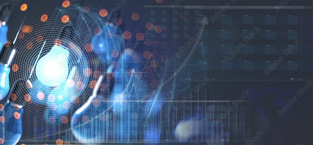 Glowing 3d Light Bulb between the others on a grey light background. Leadership, innovation, great idea and individuality concepts. 3d rendering.