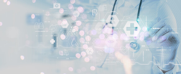 Medicine doctor using modern computer diagnose virtual electronic medical record of patient on interface.Digital healthcare and network on modern virtual screen, DNA medical technology.