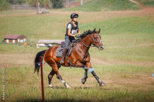 portrait of attractive young rider woman and bay mare horse galloping during eventing cross country competition in summer