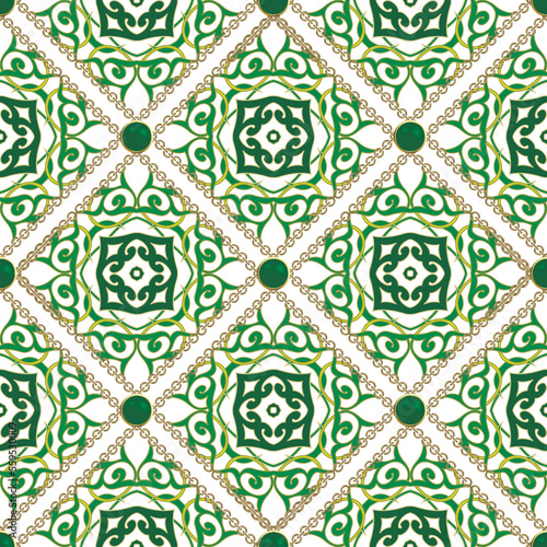 Floral seamless pattern. Golden chains frames. 3d buttons. Colorful arabesque vector background. Repeat ornamental modern backdrop. Vintage flowers, leaves, lines. Endless texture. Beautiful ornament