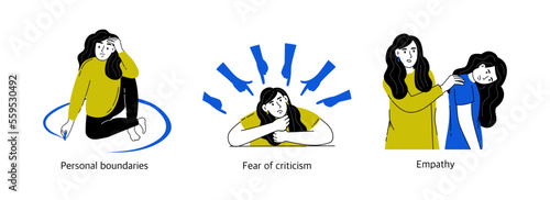 Set of concepts of mental health and psychology. Psychological disorders, various positive, negative states of people. Vector illustration isolated on a white background.