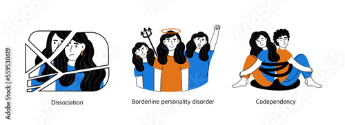 Set of concepts of mental health and psychology. Psychological disorders, various positive, negative states of people. Vector illustration isolated on a white background.