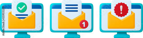 Mail client 3D icons. Email on computer screen, error message and new letter. Office app icon, business letters web service vector elements