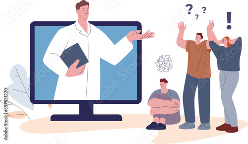 Online medicine scene with doctor and patients. People in depression and panic, nervous woman. Telemedicine, psychology support vector concept