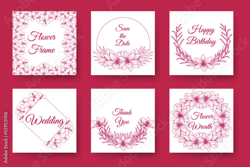 flowers and floral wreath wedding invitation frame design with elegant viva magenta backgrounds